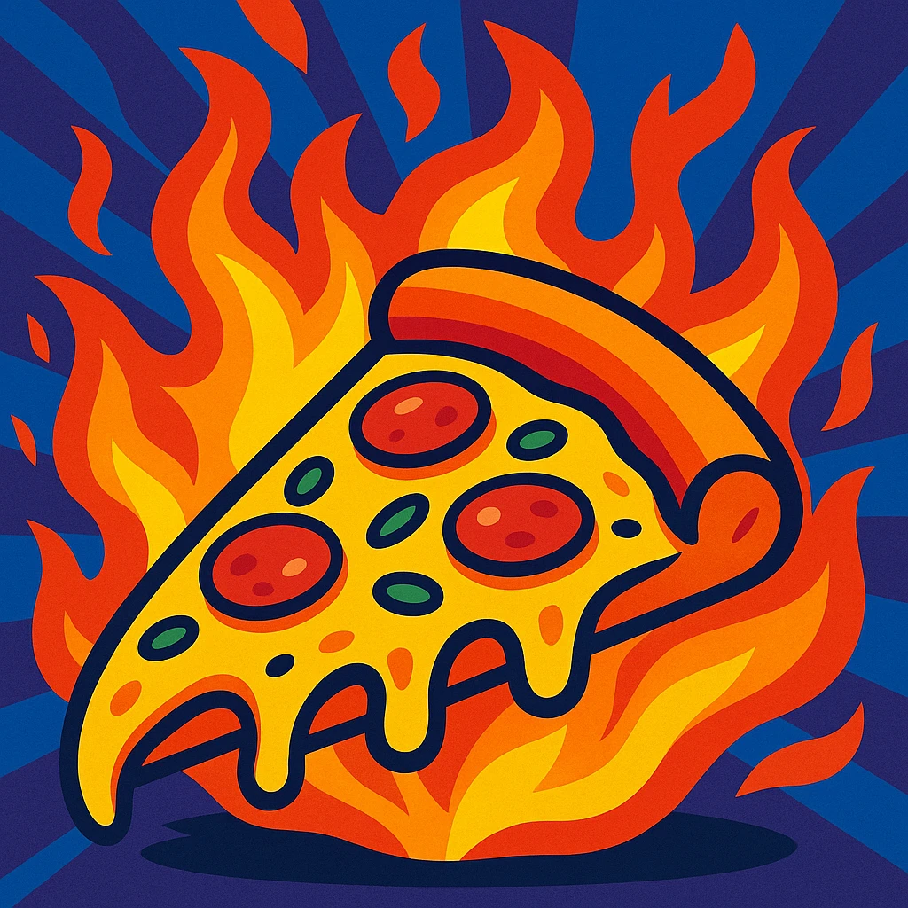 flaming pizza, bold and colorful, vibrant and dynamic cartoon style, energetic illustration emoji