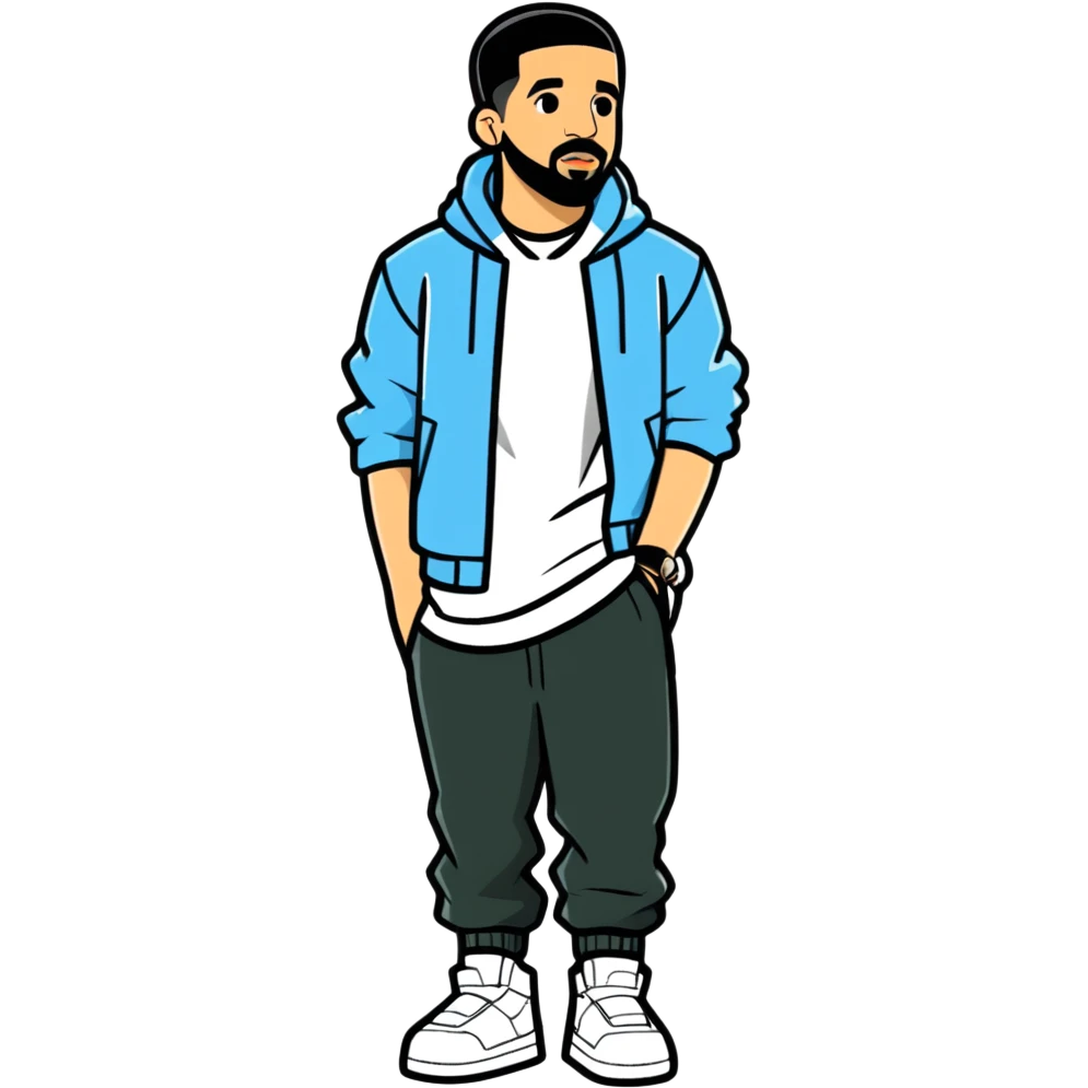 8k, 5000x5000px, 1.5wx1.5h, clean, smooth lines, no background. Celebrity actor and rapper from Scarborough ontario, 2022 digital full body view illustration of Drake emoji
