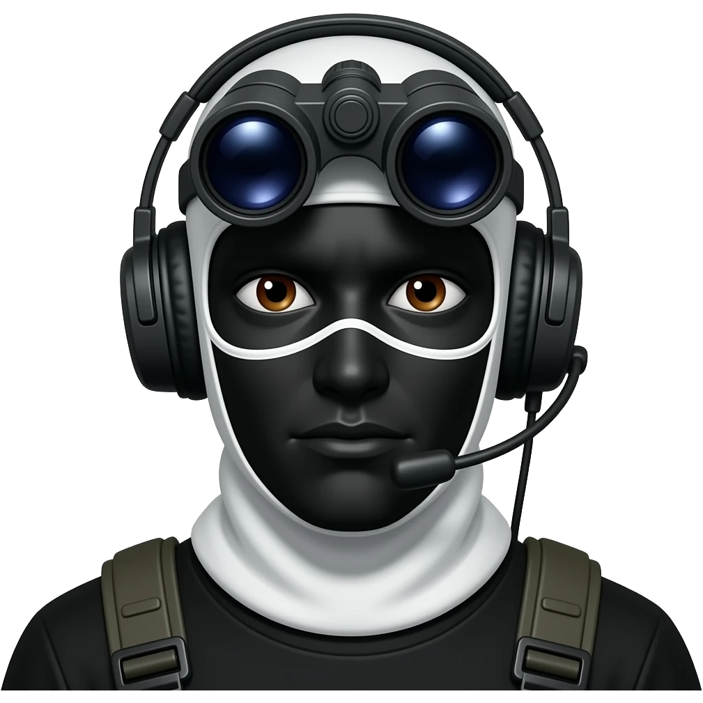 man with brown eyes wearing black clothes, face total painted black and a whiteblack balaclava and wears a headset and a big black night vision device on his headtop emoji