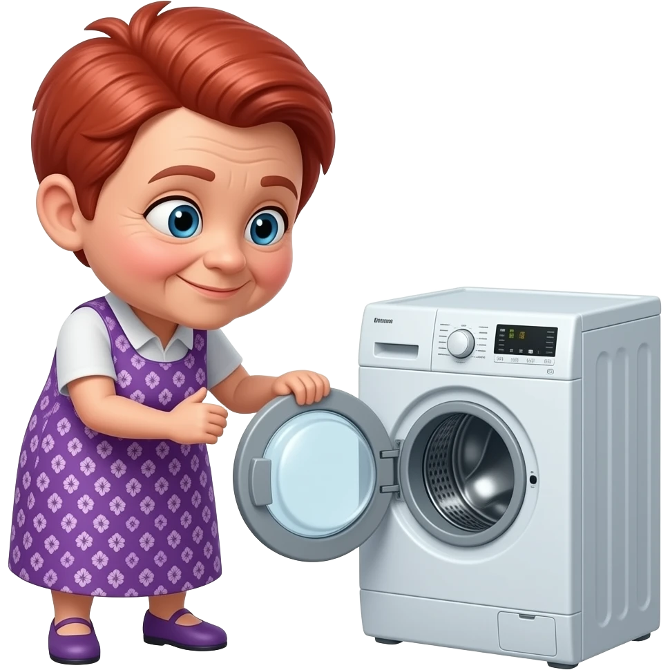 very old lady.slim.quite small. razor cut red hair. in love with her new washing machine emoji