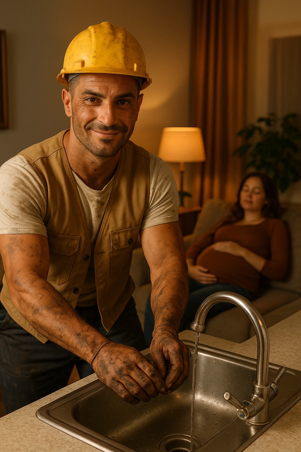 Construction worker coming home, immediately fixing leaky faucet without being asked, hands dirty but smile calm as his pregnant wife rests on couch emoji