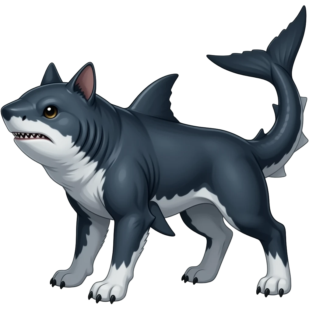 4-legged digitigrade dark badass edgy landhai-carvanha-sharpedo-sergal-houndoom-Manectric-hybrid-fusion-creature, with a long shark tail behind, full body emoji