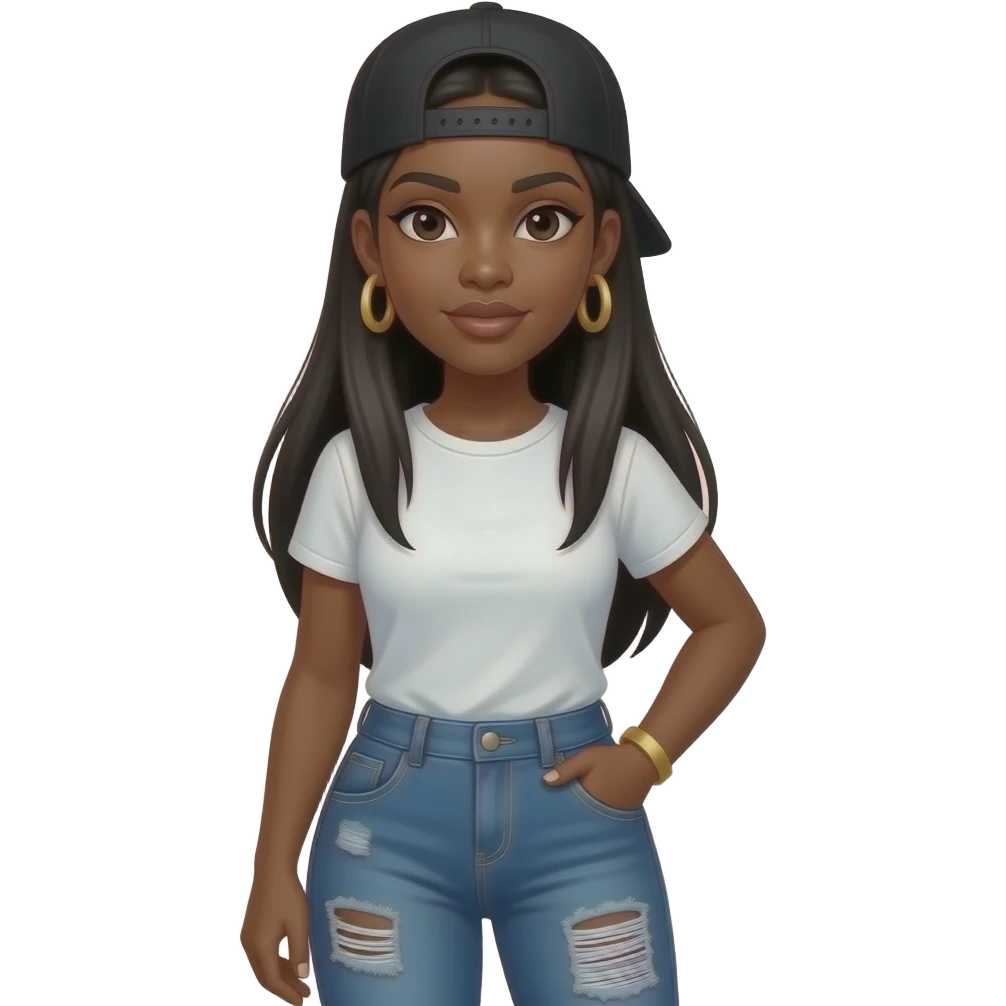 African American woman with long straight black hair wearing a adjustable black hat to the back wearing a white T-shirt wearing jeans with big square patches on it wearing gold hoop earrings wearing a gold bracelet emoji