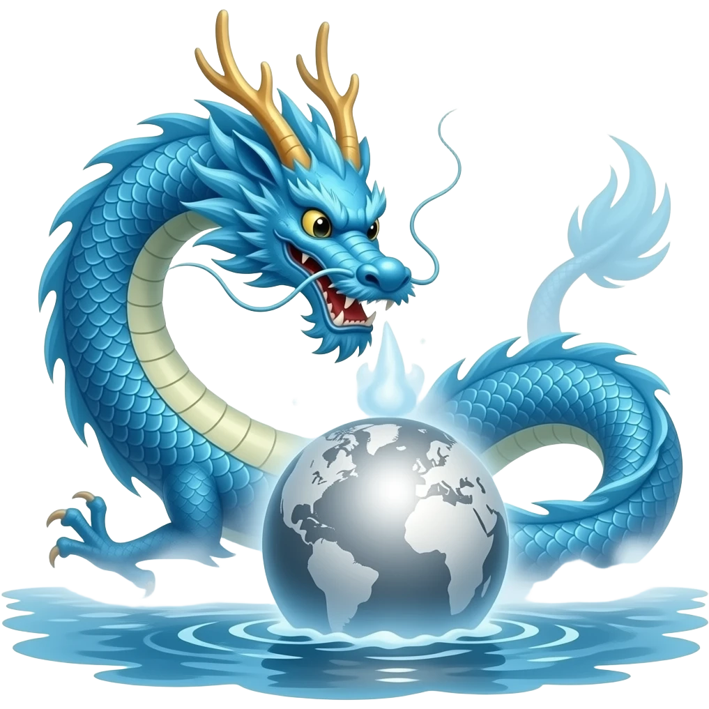 A long blue Chinese serpentine dragon emerges from the sea and hovers above the surface, playing with the silver planet. emoji