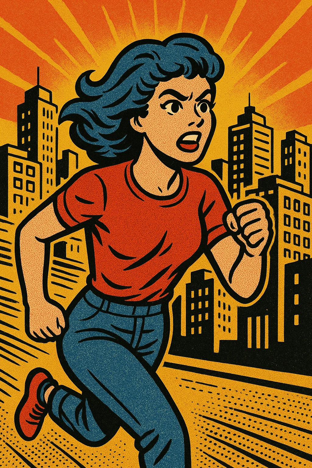 Woman with blue hair running in a city emoji