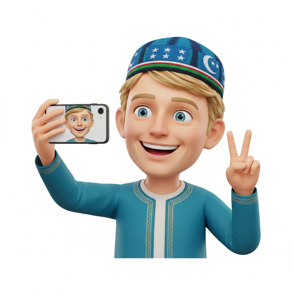нарисуй эмоджи мужчины блондина  фотографирующего себя на телефон, эмоджи сделай более реалистичной, на голове должна быть узбекская тюбетейка в цветах узбекского флага, обрати внимание на глаза и количество пальцев у человека, без фона emoji
