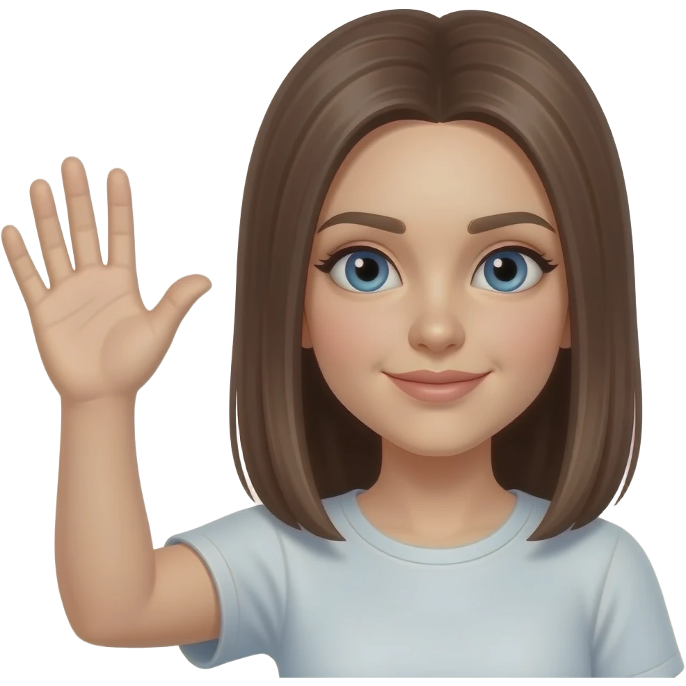 white female, blue eyes, brown straight hair with arm up hand open emoji