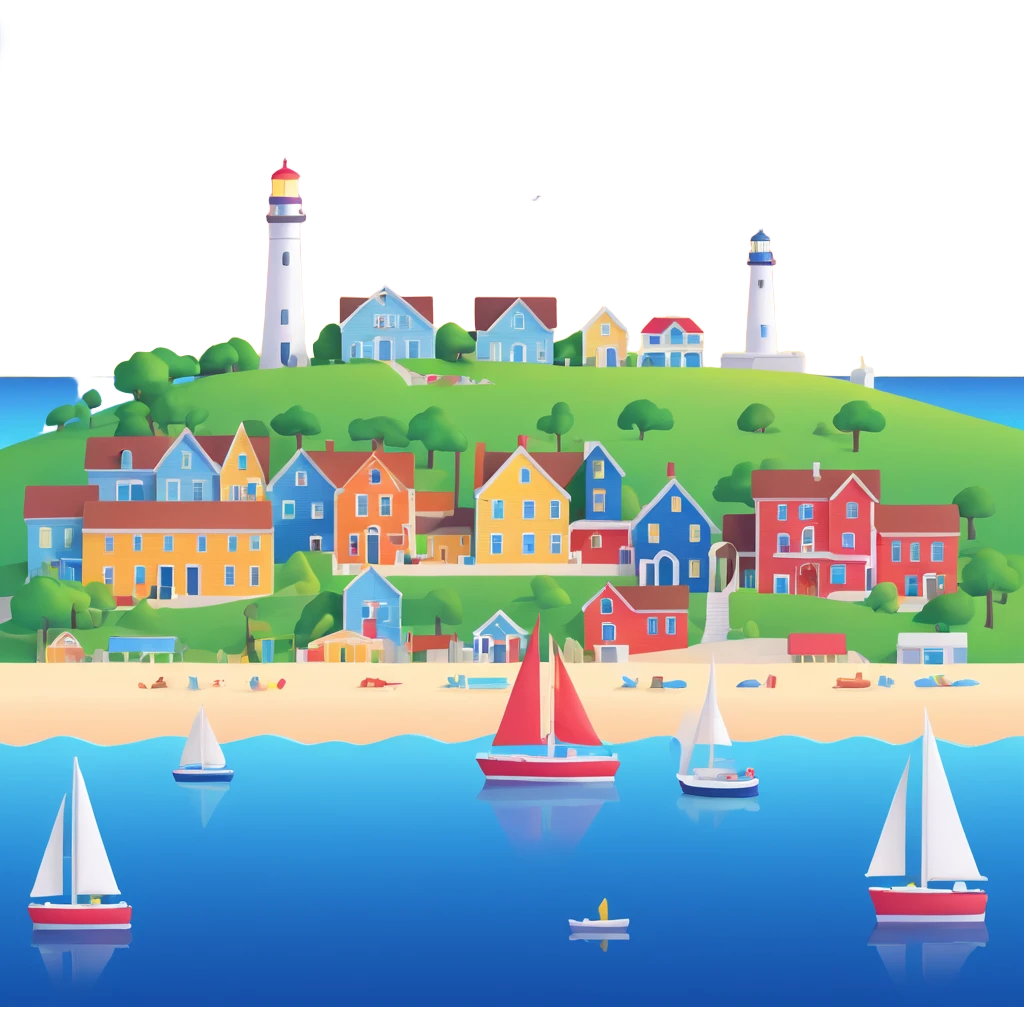 highly detailed, realistic 3D icon of the Provincetown, MA skyline, featuring its architectural landmarks, with bright lighting, isolated against a transparent background emoji