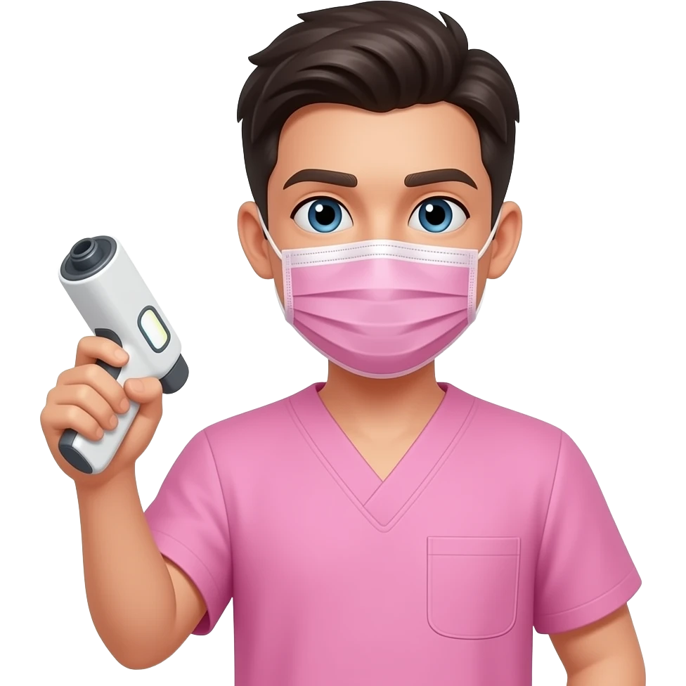 mejer-joven-de-cabello-oscuro-y-piel-clara-con-uniforme-medico-rosado-del-torso-hacia-arriba-debe-llevar-tapabocas rosado con láser nd yag blanco en la mano emoji