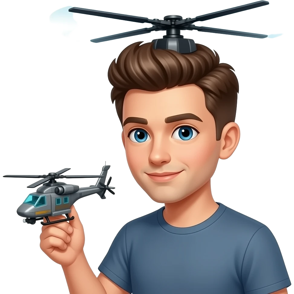 A guy with a hair that looks like a whole helicopter that is holding a lego helicopter emoji