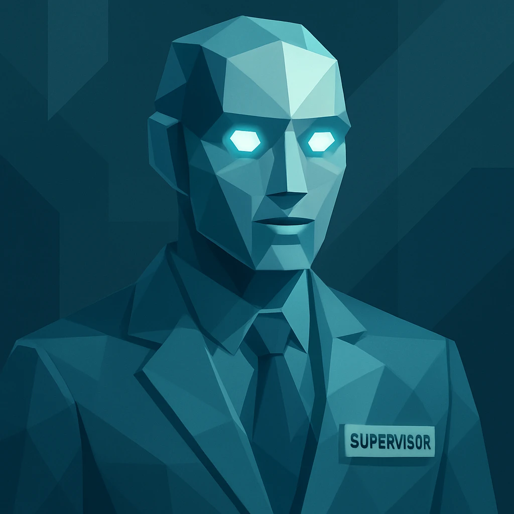 supervisor AI agent, modern style, geometric AI face with glowing eyes, futuristic and approachable emoji