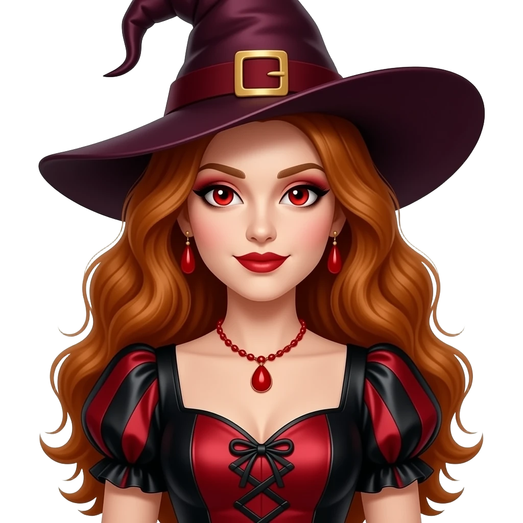 The Wicked Witch from The Wonderful Wizard of Oz with red eyes, long auburn hair, red eyeshadow and lipstick, red and black metallic sweetheart sleeve dress, dark red witch hat, red necklace and earrings emoji