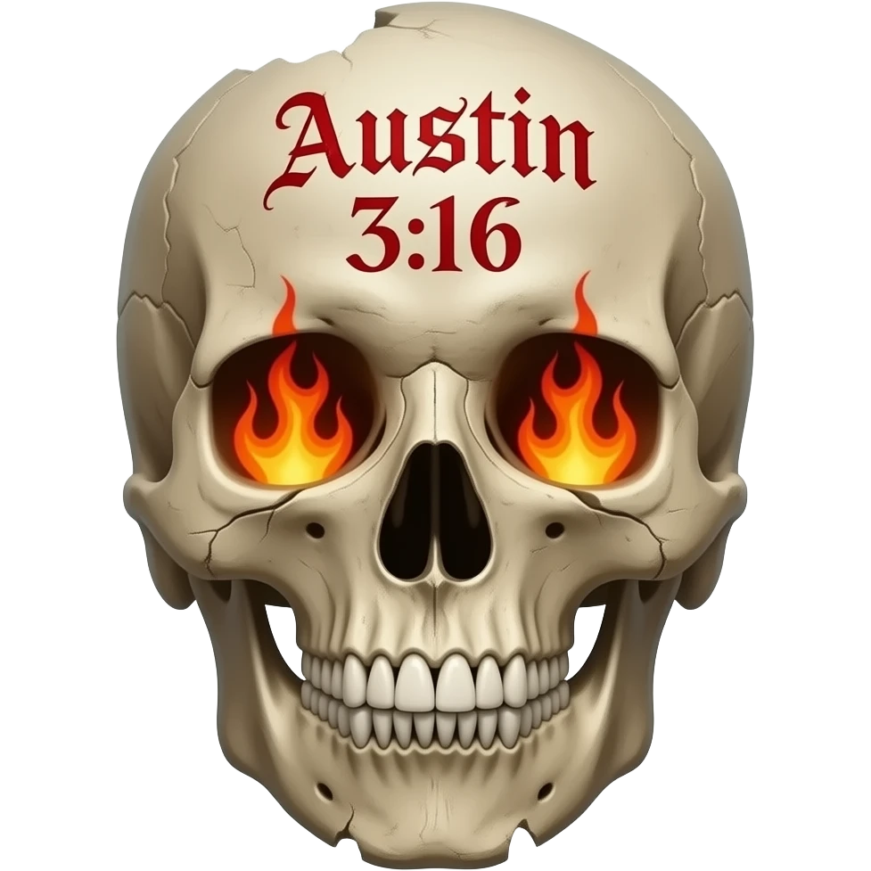 human skull, partially missing top, jaw slightly open, teeth chipped, Austin 3:16 carved in forehead, eye & nose cavity with flames, words a bright red Gothic font, entire skull is aged, sun dried, weathered emoji