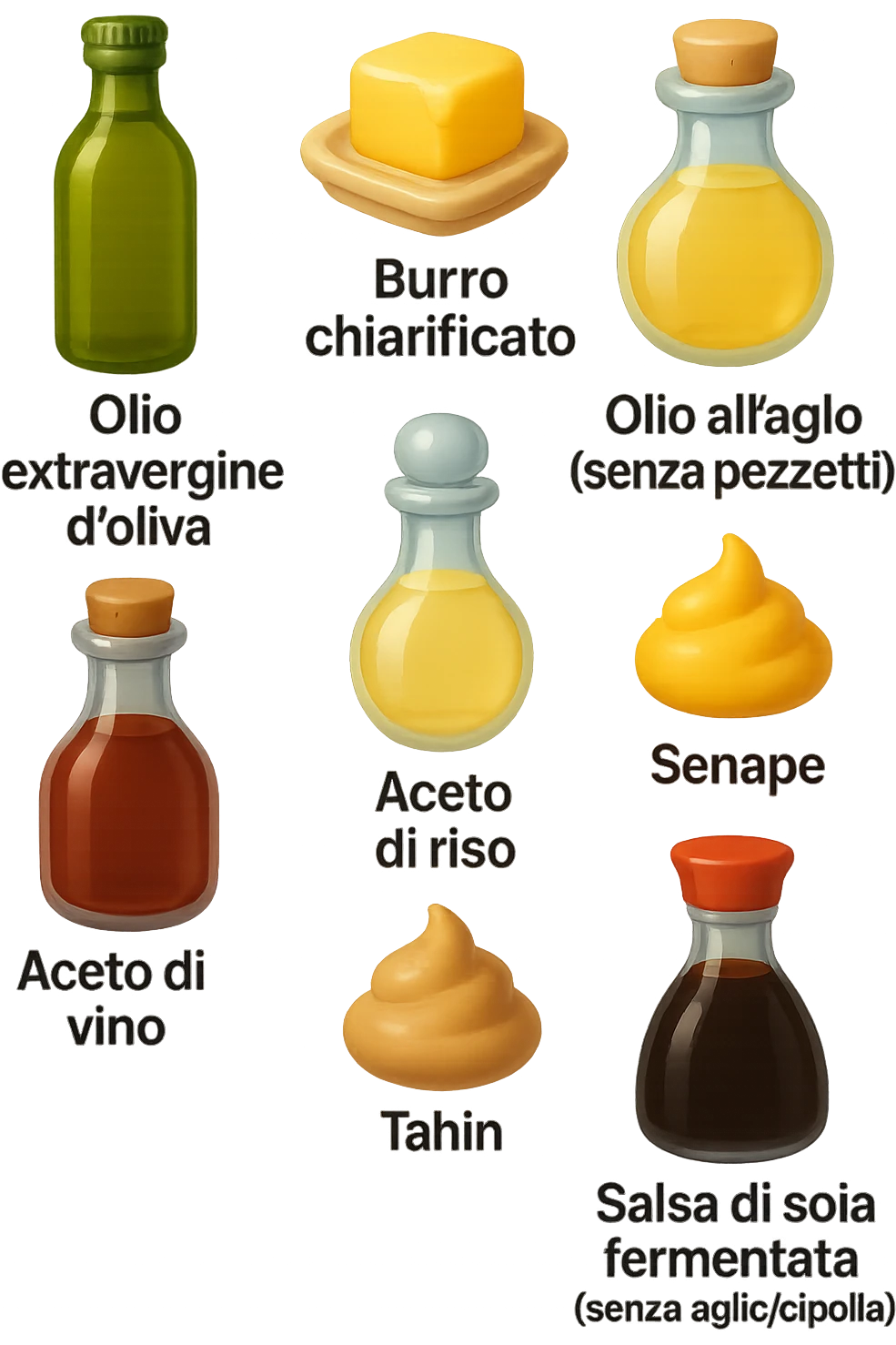 emoji stile iphone 3d di questi elementi che fluttuano in aria sparsi casualmente:

Olio extravergine d’oliva, burro chiarificato
Olio all’aglio (senza pezzetti)
Aceto di vino, aceto di riso, senape, tahin
Salsa di soia fermentata (senza aglio/cipolla)


 che fluttuano sparse casualmente in aria, le etichette dei prodotti scrivile in italiano, iperealistico 4k emoji