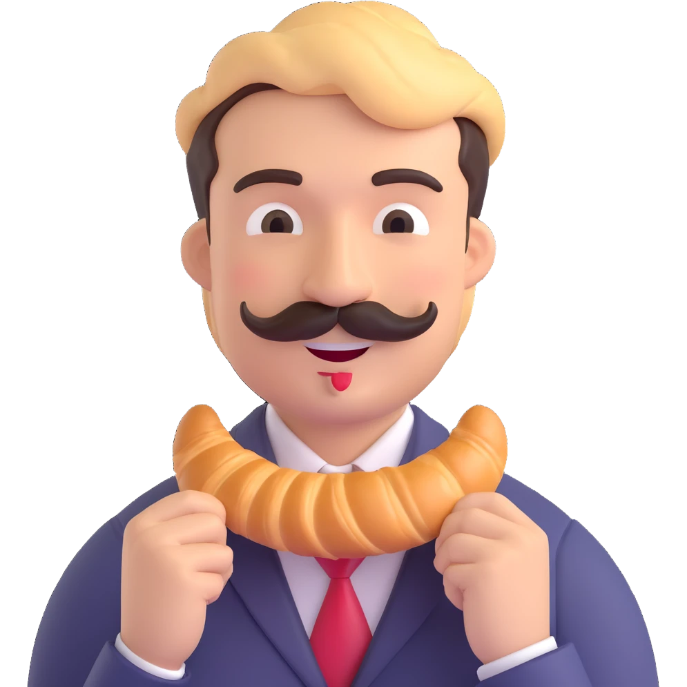 man with croissant mustache, happy expression emoji