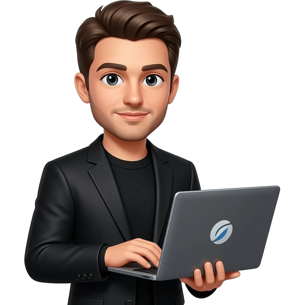little grown beard freshly shaven, brown hair and eyes black suit jacket black pullover, laptop with casper pc logo, this memoji format stays. emoji