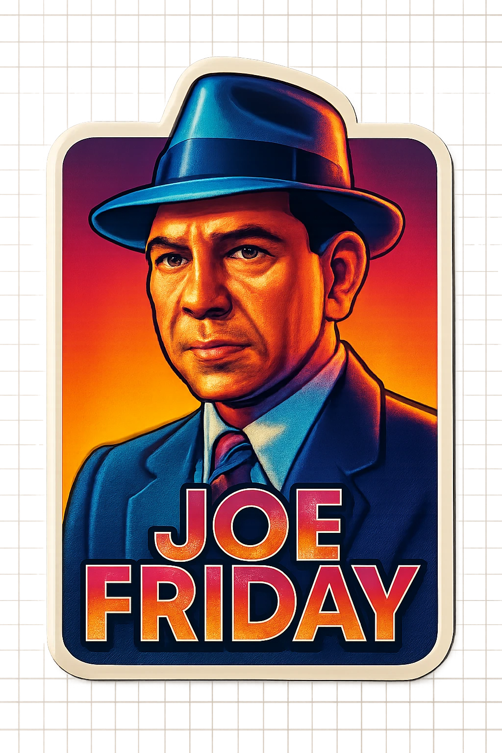 a poster of Joe Friday, inspired by the reference photo, retro stickers style emoji