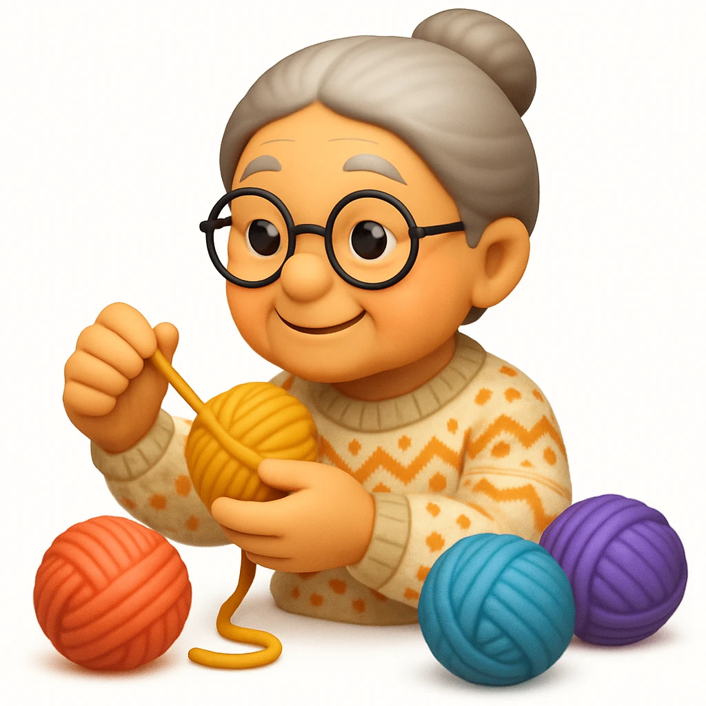 A 3D emoji in iOS emoji aesthetic style of a kind elderly woman winding yarn with both hands, soft and cheerful expression, wearing a patterned sweater, surrounded by balls of colorful wool, clean white background, warm and cozy design emoji