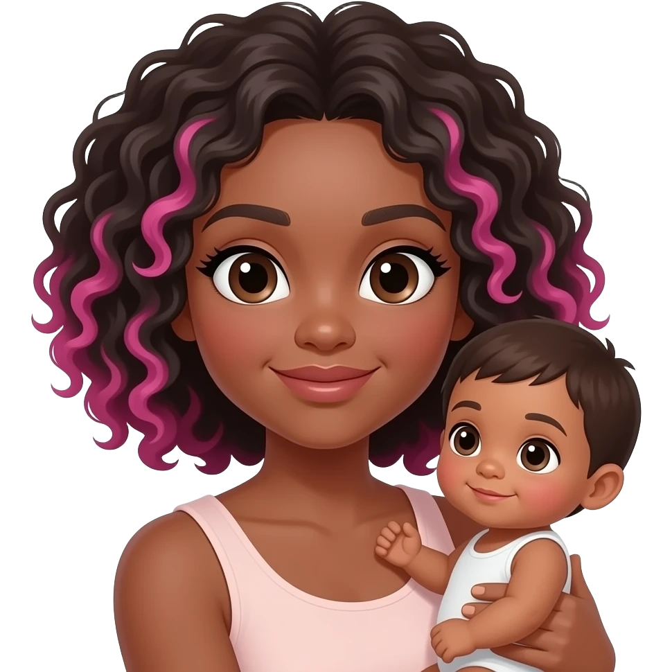 Curly hair with pink highlights, woman with brown skin holding baby with light brown skin straight hair, big eyes emoji
