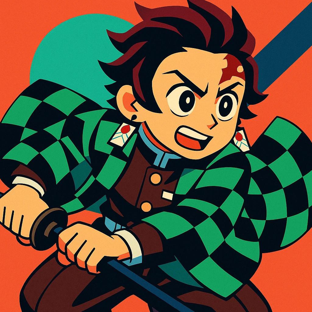 Tanjiro Kamado vibrant toon style, green checkered haori, hanafuda earrings, short black hair with burgundy tips, action pose emoji