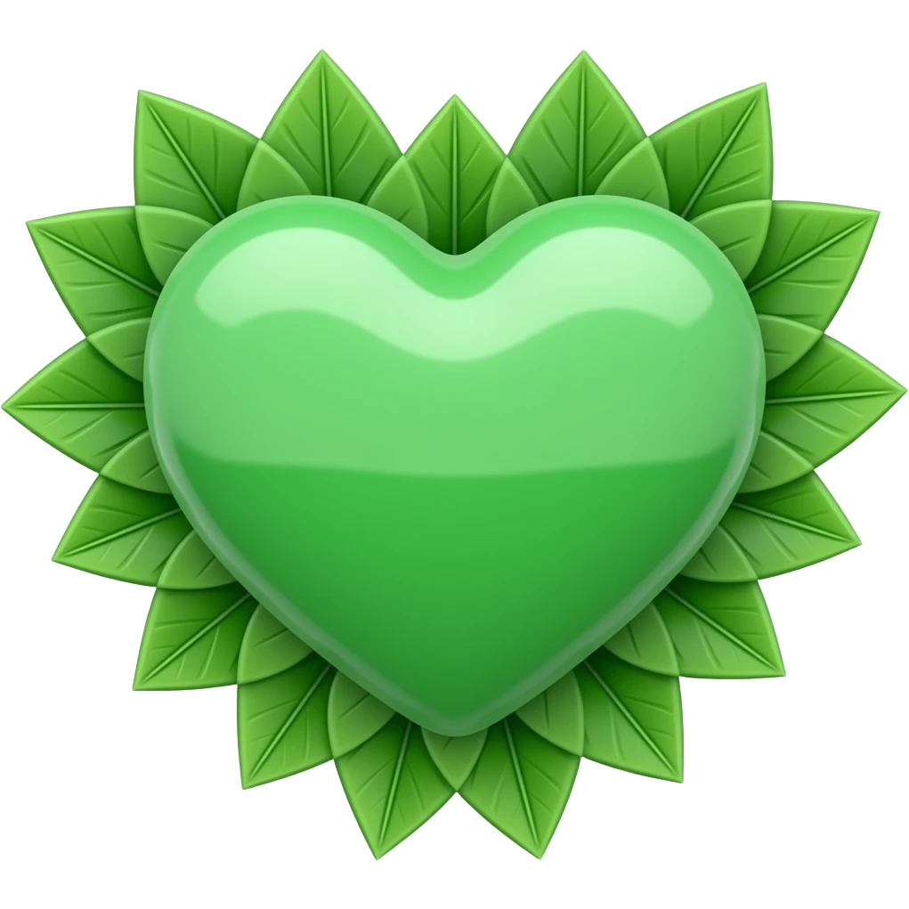 3D green heart surrounded with leaves (The Green Party style leaves), Hex Code colour: 00643b. Add a paler green reflection to the corner of the heart. emoji