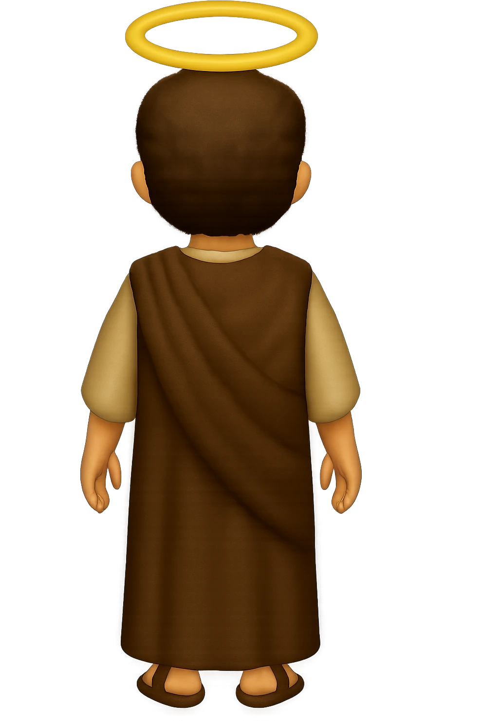 Edit the image to show a back view, centered full body, facing away, in classic emoji style. Depict apostle Peter with short hair, no hood, arms down by sides, smiling, expressive face, halo, wearing long sleeve brown clothes with beige details and a cape. No background. emoji
