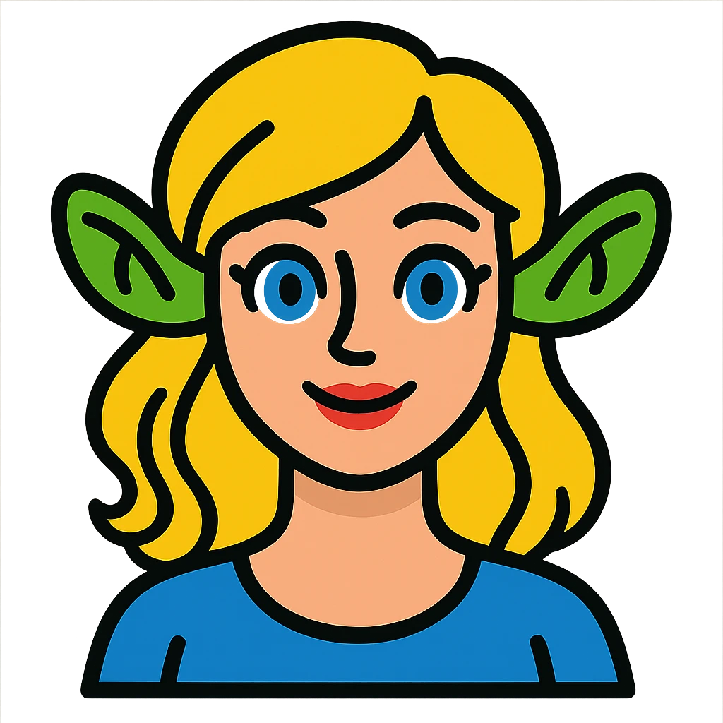 pretty girl with blonde hair, blue eyes, green ogre ears in vibrant toon style emoji