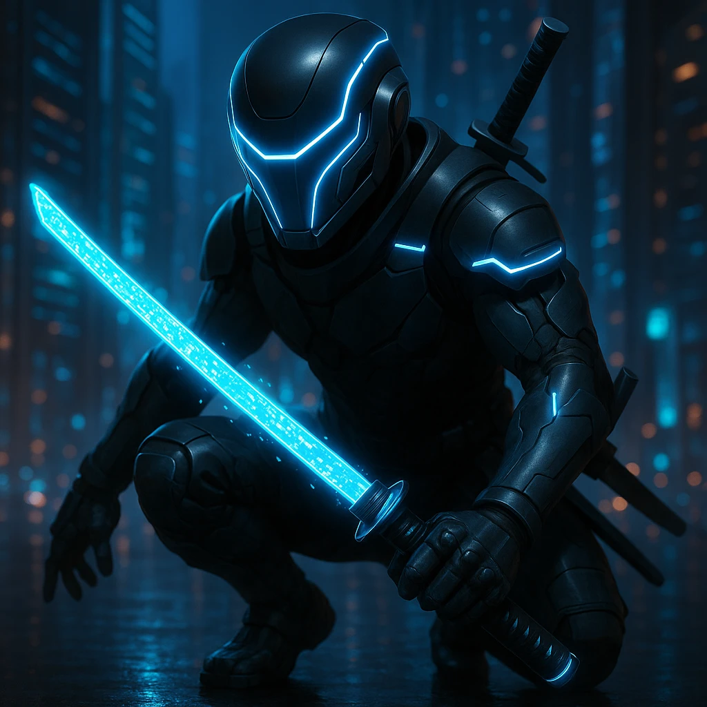 Add a glowing digital sword to the cyber ninja, keeping the original style and background intact. The style is cyber ninja with a digital, futuristic look, so the sword should have a glowing, high-tech digital effect that fits seamlessly with the cyber ninja theme. emoji
