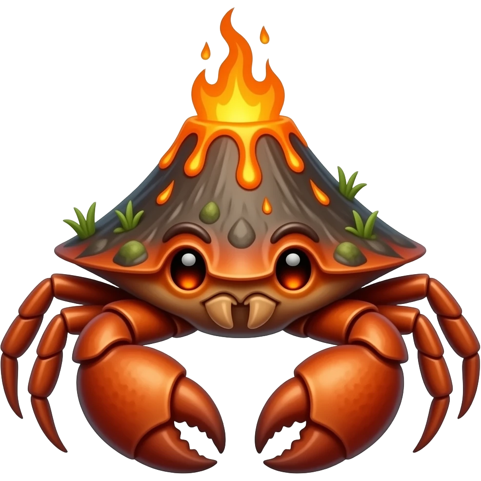 A crab with a volcano on its back with lava dripping down from it with glowing orange eyes emoji