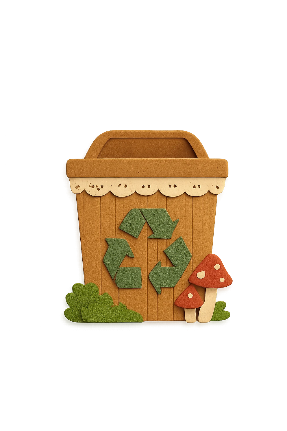 whimsical empty recycling bin icon wooden container with lace trim, moss, mushrooms, cottagecore style, transparent background, no text emoji