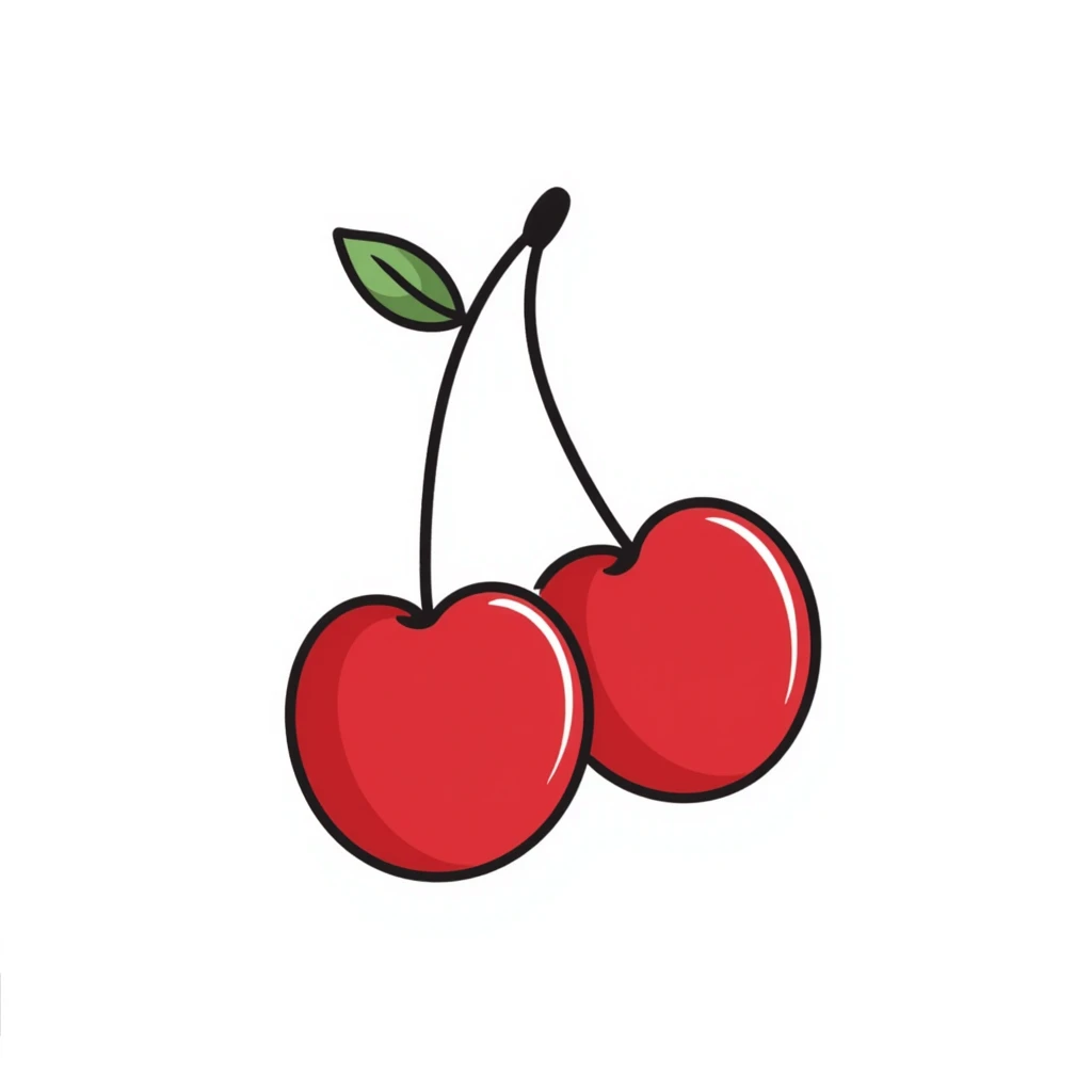 Hand-drawn two red cherries hanging from a thin branch with small leaves emoji