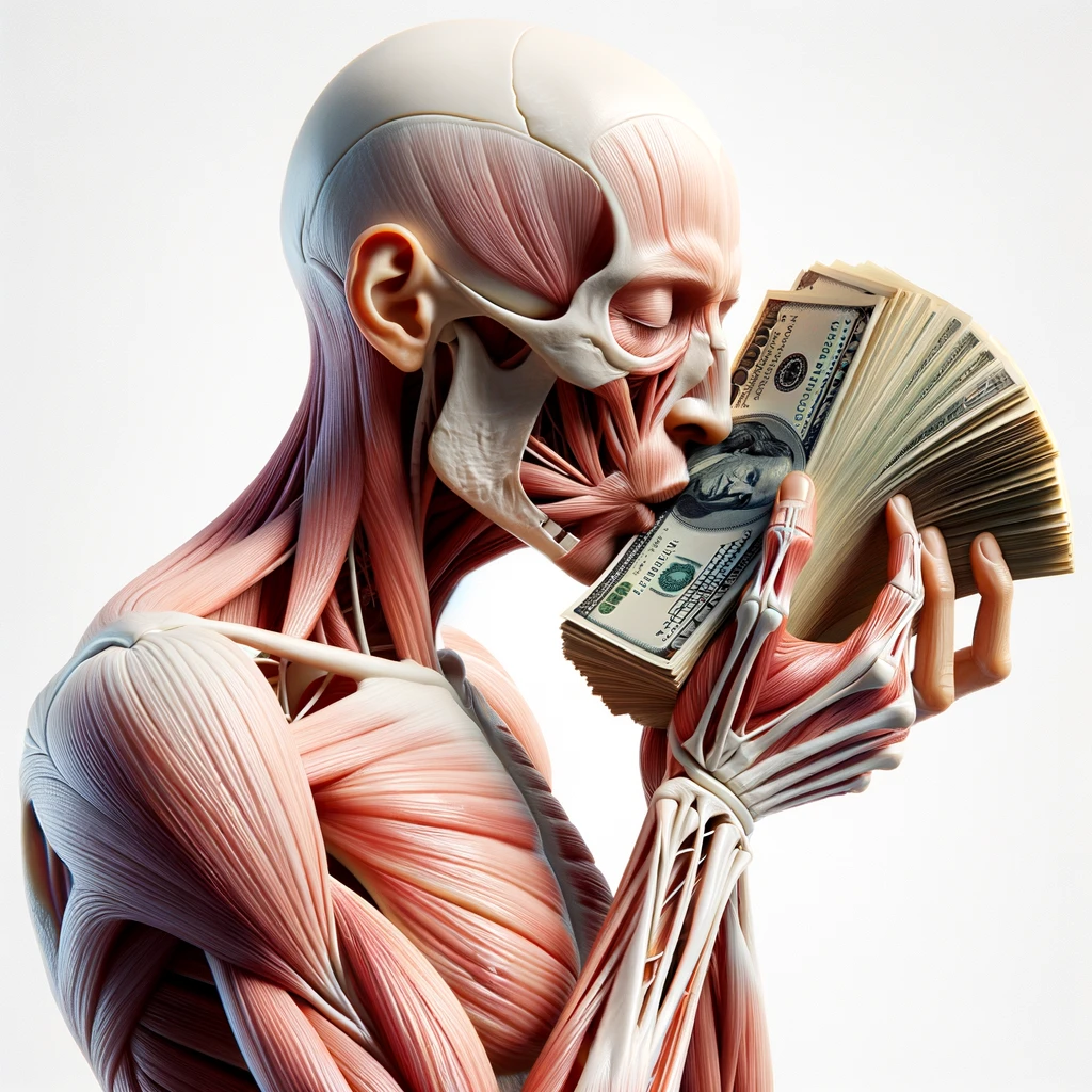 corpo umano anatomico che bacia una mazzetta di banconote, iperrealistica 4k, isolato su sfondo bianco emoji