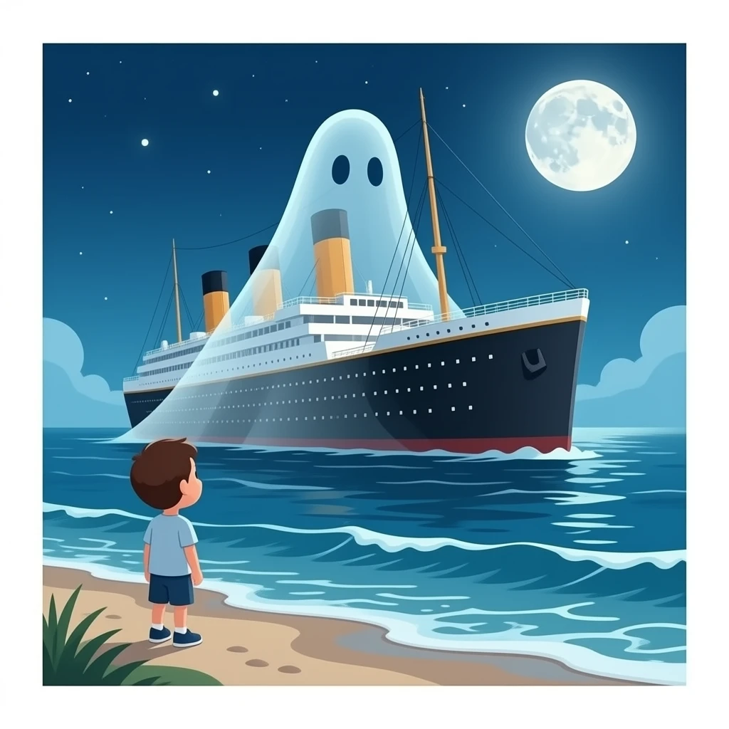 The ghostly Titanic ship floats above the sea while a boy on the shore watches the scene - cut scene emoji