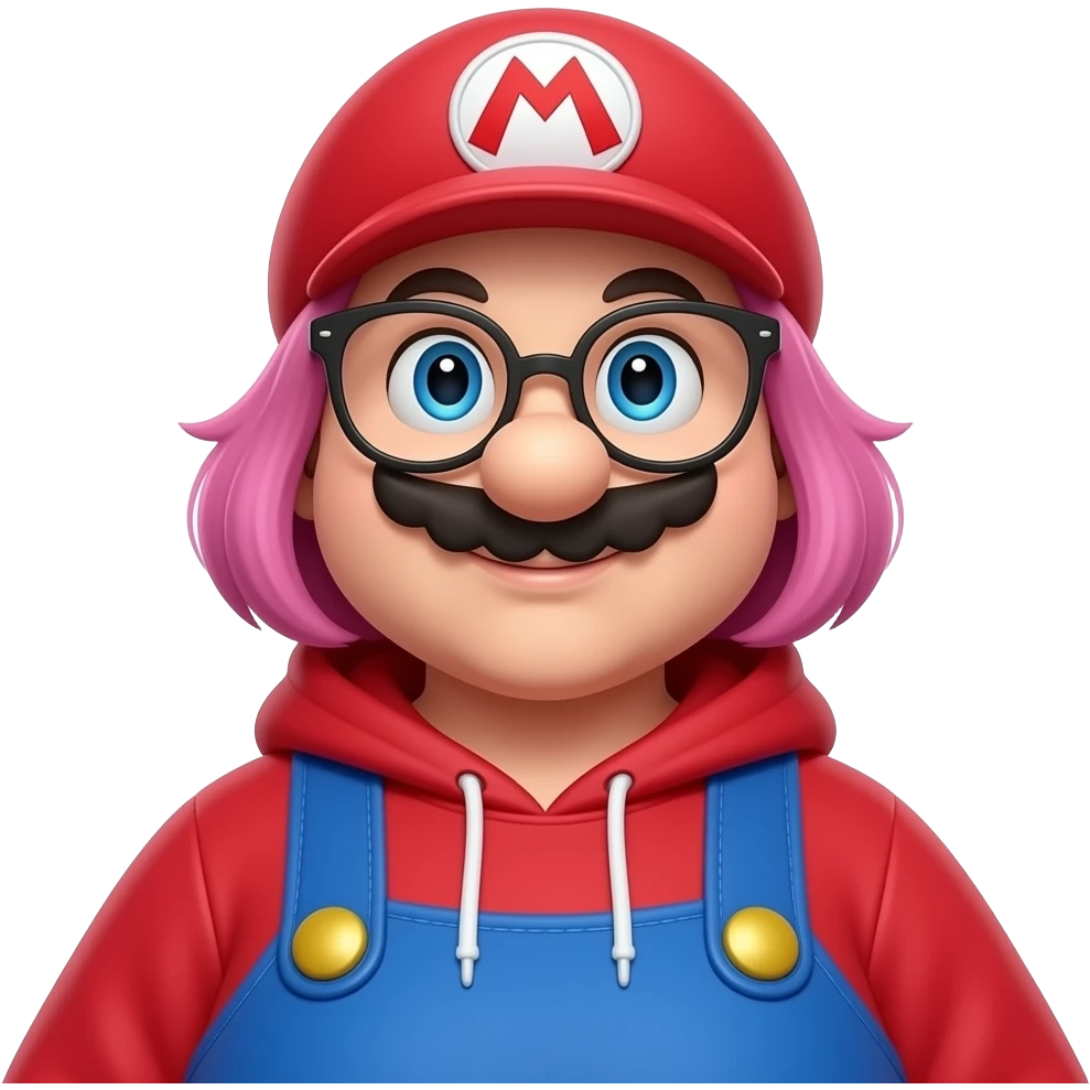 Full body from head to toe obese woman with pink hair buzzed on the sides. She is wearing glasses. She is wearing a mario hoody emoji