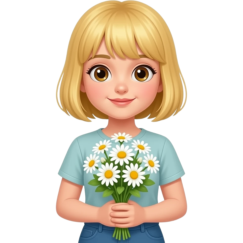 a blond teenage girl with bob haircut and brown eyes standing full height and holding a bouquet of daisies emoji