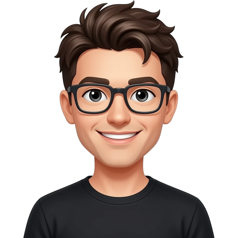 skinny man, with rectangle glasses, white skin, with very modern top messy hairstyle, nice smile, wearing blacktshirt emoji