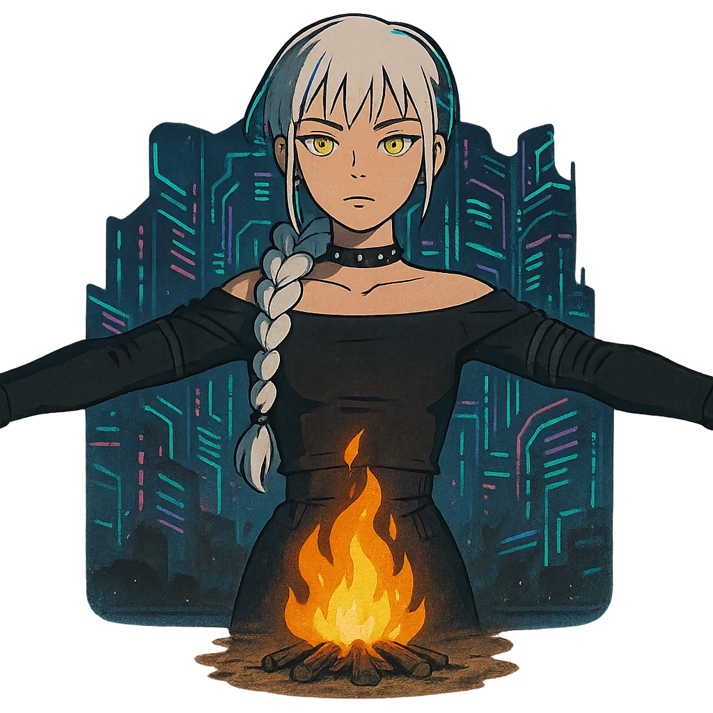  young woman with gold yellow eyes, white hair, long braid, black off-shoulder top, punk gothic style, futuristic cyberwave cyberpunk,, she is calmly t-posing , there is a small bonfire in front of her emoji
