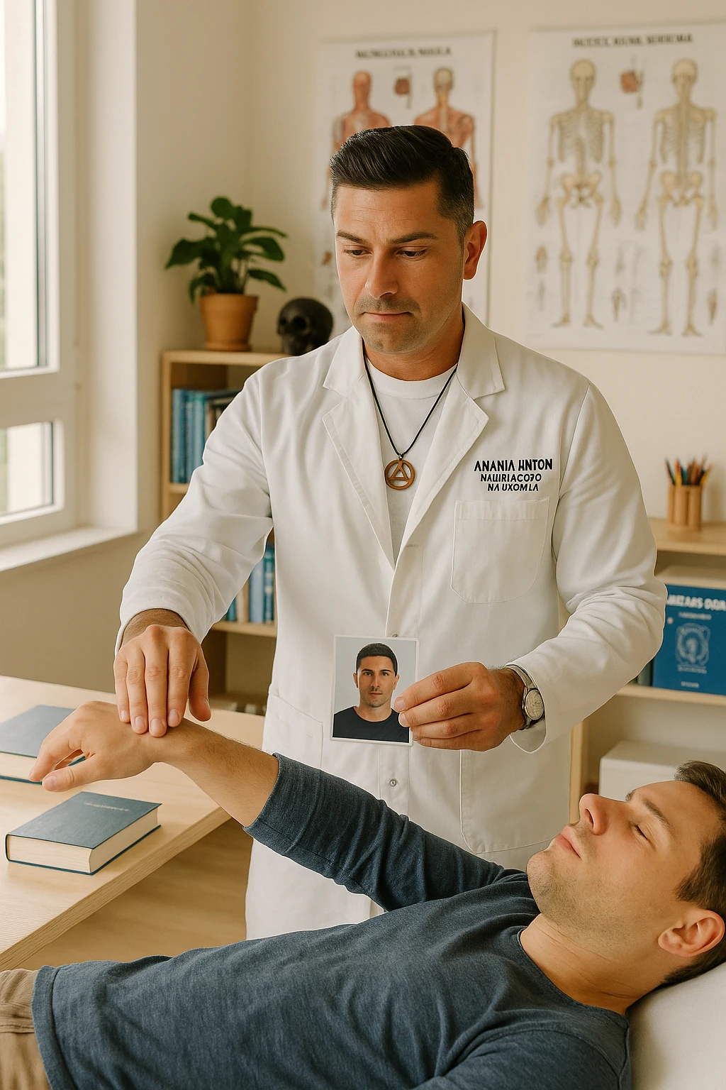 a middle-aged man, dressed in casual professional attire, is in a bright, organized therapy studio. Durante una visita di kinesiologia, il praticante tiene con una mano la foto di una persona lontana (il “testimone”) appoggiata su un tavolo, mentre con l’altra mano esegue un test muscolare su un cliente presente. Sullo sfondo si vedono libri di kinesiologia, poster anatomici e strumenti tipici della disciplina. L’atmosfera è concentrata e serena, con luce naturale che entra dalla finestra, sottolineando l’aspetto alternativo e umano della pratica. emoji