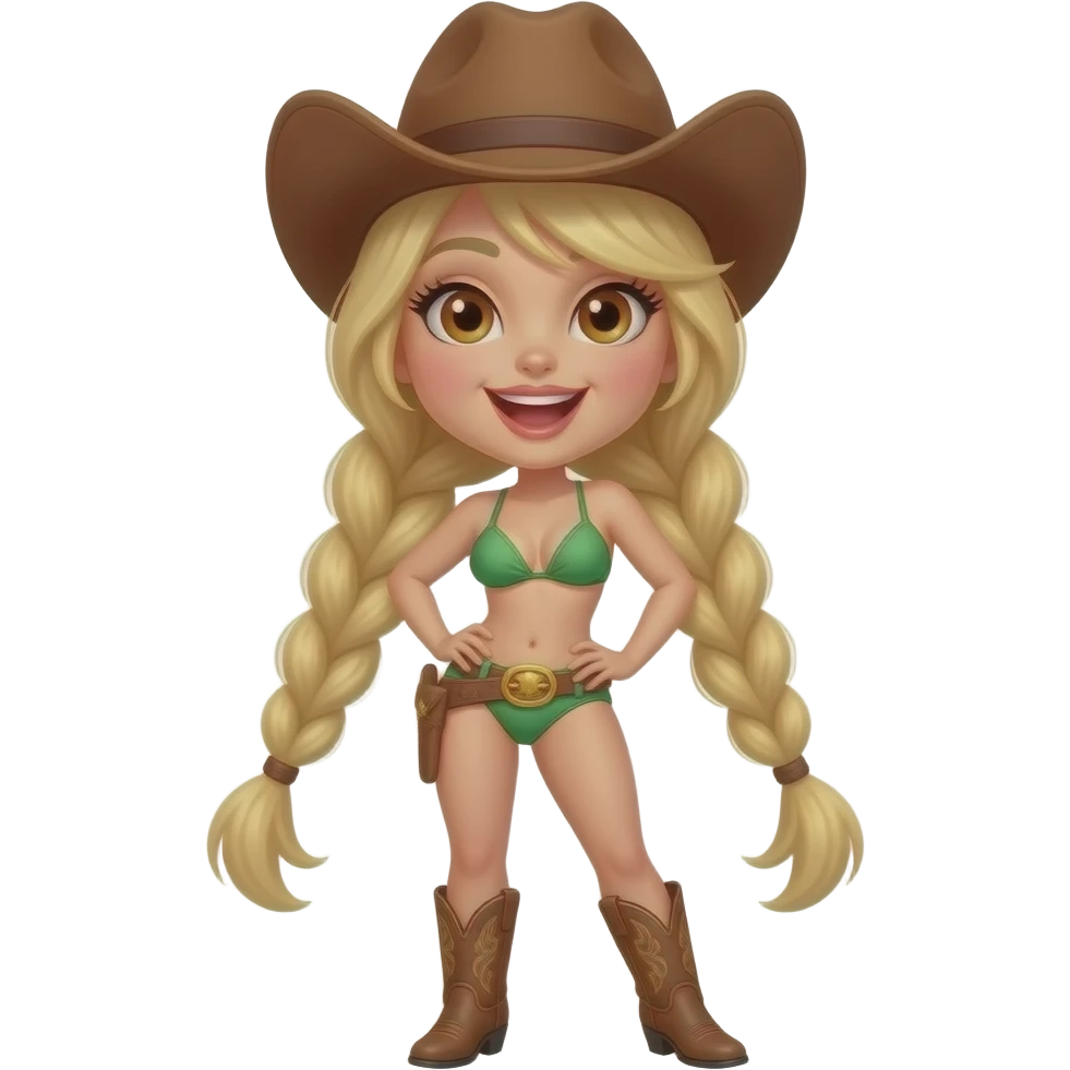 Sexy Cowgirl in green bikini with slim face, open mouth, brown eyes and blonde hair with tight pigtail braids and cowboy boots emoji