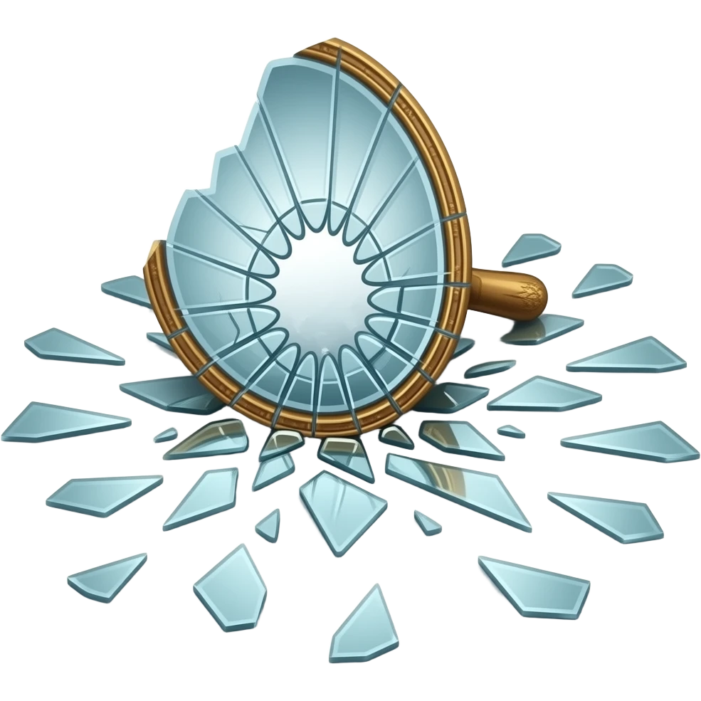 A shattered mirror rests on the ground, surrounded by scattered glass shards. Each piece reflects light with a subtle shine, forming a simple and polished scene in the style of an Apple emoji. emoji