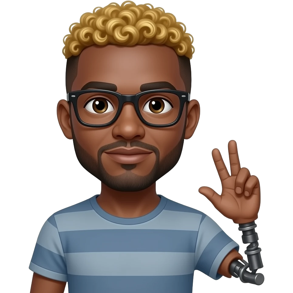 African American man with a thin black disconnect goatee with a mid top curly fade with gold dyed top hairstyle with a Symbrachydactyly right arm and a missing left arm wearing black glasses emoji