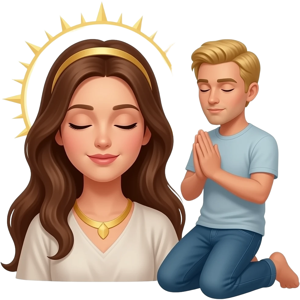 Blonde man with closed eyes kneelong to a brunette goddess emoji