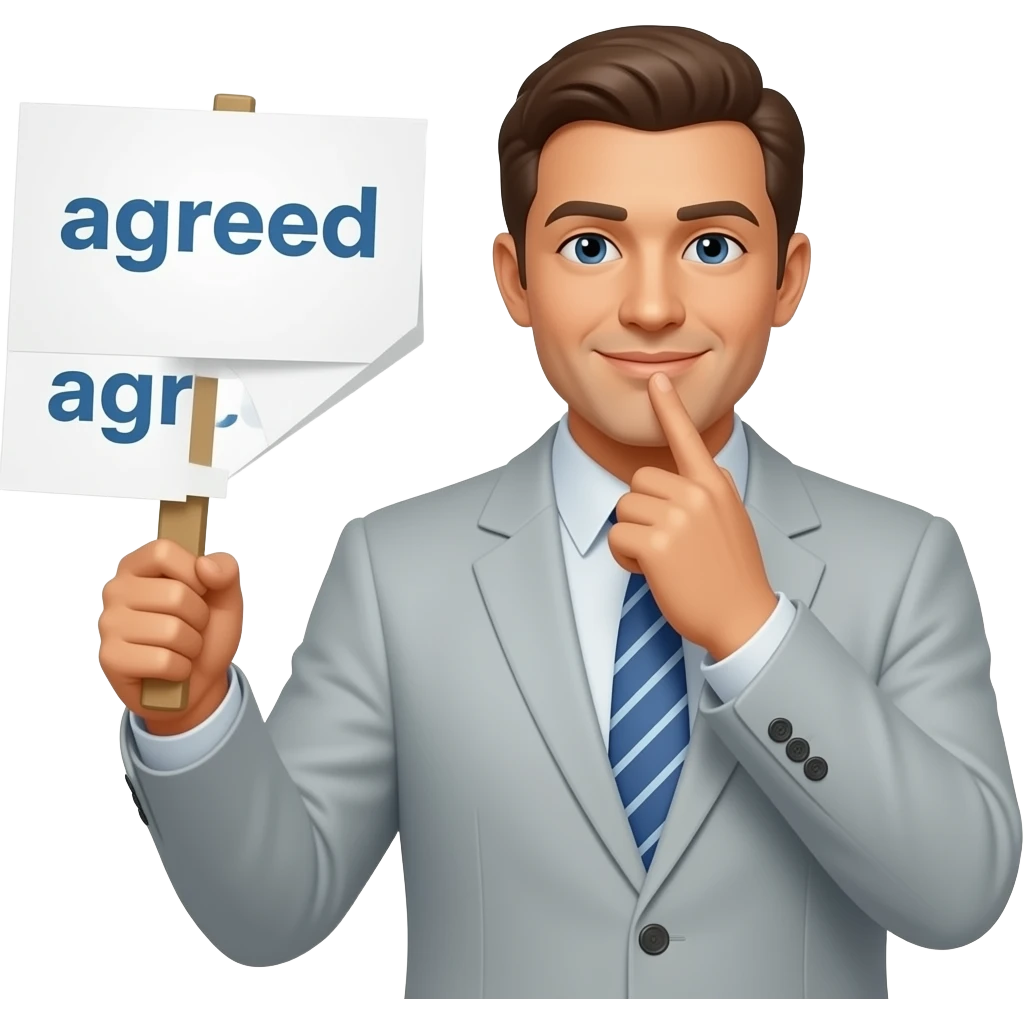 Yellow smiley face nodding  holding up a sign that says "agreed" emoji