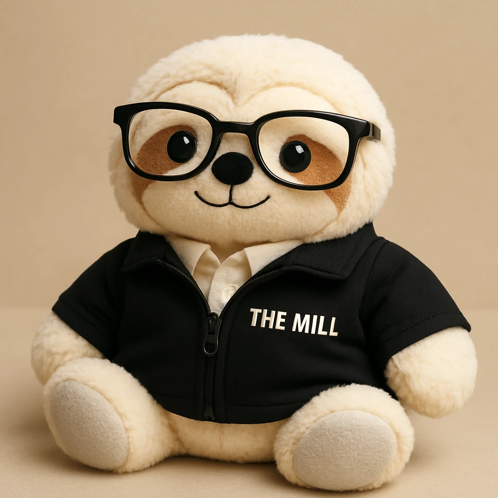 Make this sloth look like a plushy, soft and cuddly toy, inspired by the reference photo, but still wearing a black 'The Mill' jacket and looking business savvy. The style should reflect a plush toy softness and cuddliness. emoji