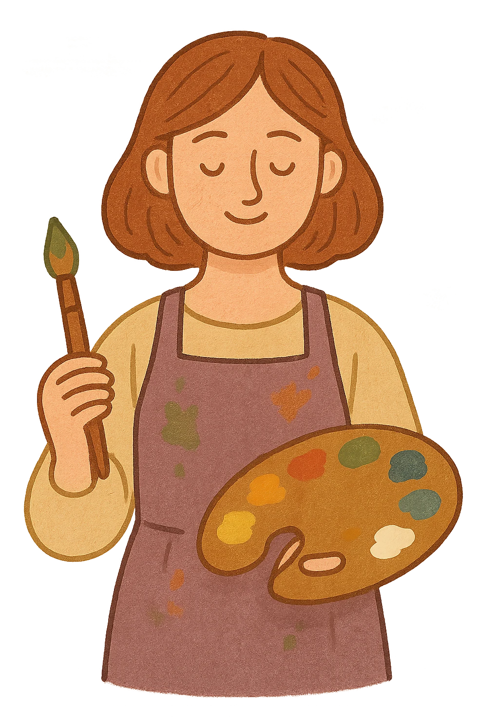 Serene female oil painter, Caucasian features, shoulder-length auburn hair, soft brown eyes, gentle smile, wearing a violet painter’s apron lightly stained with paint over a beige blouse, holding a wooden palette with vibrant colors in one hand and a brush in the other, waist-up, front-facing emoji