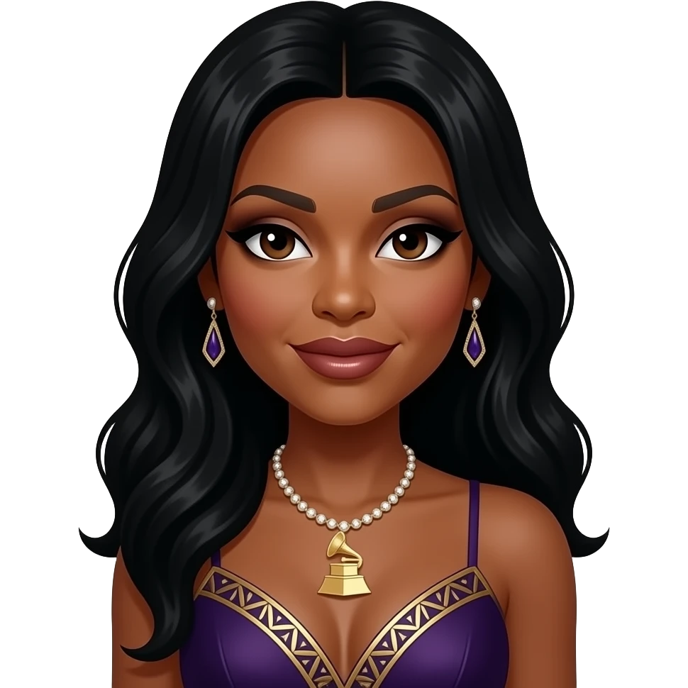 Tamara "Taj" Johnson from SWV with dark brown eyes, long black hair, dark brown eyeshadow and lipstick, dark purple and gold grammy dress, necklace and earrings emoji