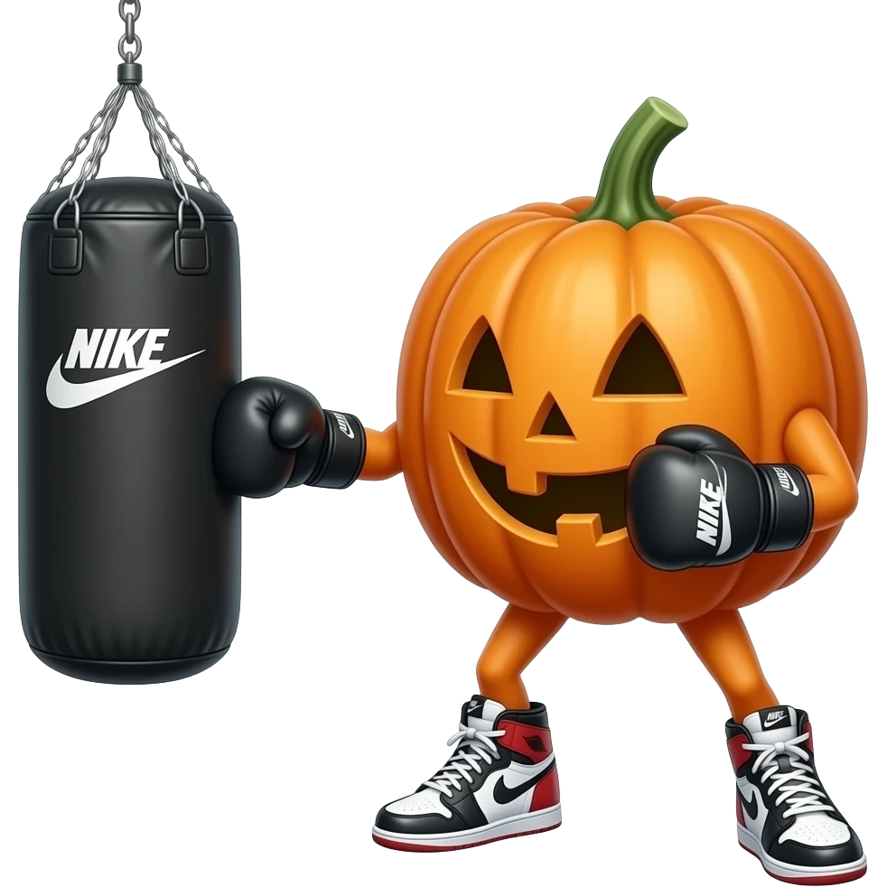 A standing pumpkin with Nike high tops and UFC gloves on hitting a punching bag emoji
