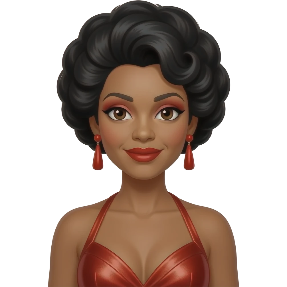 Aretha Franklin with dark brown eyes, black beehive hair, red eyeshadow and lipstick, red metallic halter dress, red earrings emoji