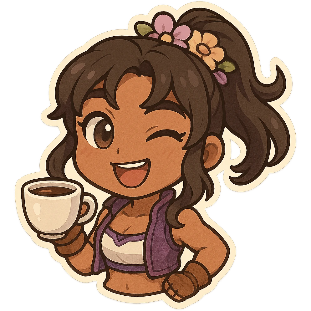 Azucena from Tekken 8, winking and holding a coffee cup, playful emote style emoji