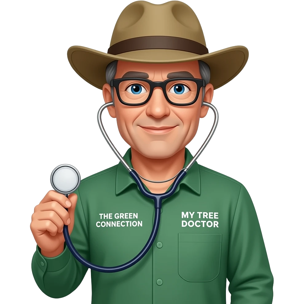middle-aged man blue eyes. Dark rectangle glasses, in a green-collared, long-sleeve shirt.  Flatter wider-brim Australian Akubru hat. Holding a stethoscope. Insert 'THE GREEN CONNECTION' in white directly onto the left pocket & onto the right pocket, place only the words 'MY TREE DOCTOR' emoji